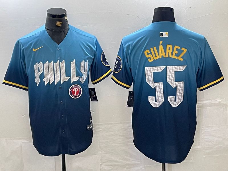 Men Philadelphia Phillies #55 Suarez Blue City Edition Nike 2024 MLB Jersey style 5